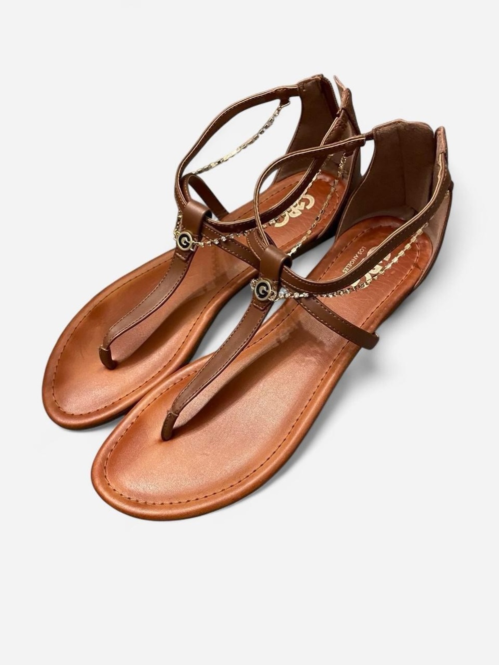 GBG Los Angeles Brown Tan T-strap Sandals with Gold Chain Accent